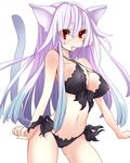 animal_ears bare_shoulders blue_hair blush body_blush breasts cat_ears cat_tail cleavage front-tie_top gradient_hair large_breasts long_hair multicolored_hair navel original purple_hair red_eyes saibashi shiny shiny_skin solo strap_gap tail 