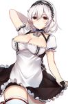  1girl anchor arm_behind_head azur_lane bangs blush breasts choker cleavage collarbone cowboy_shot dress eyebrows_visible_through_hair hair_between_eyes hairband lace-trimmed_hairband large_breasts looking_at_viewer puffy_short_sleeves puffy_sleeves red_eyes ribbon ry_thae short_hair short_sleeves sidelocks simple_background sirius_(azur_lane) solo thighhighs white_background white_hair white_legwear 