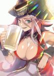  1girl absurdres alcohol blue_eyes boots breasts cleavage cup facial_scar fate/grand_order fate_(series) francis_drake_(fate) hat headband highres holding holding_cup kujuu_shikuro large_breasts long_hair looking_at_viewer open_mouth pants pink_hair pirate_hat red_shirt scar shirt sleeveless sleeveless_shirt smile solo very_long_hair white_pants wrist_cuffs 