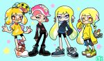 1boy 3girls :3 :d agent_3_(splatoon) agent_3_(splatoon_3) agent_4_(splatoon) agent_8_(splatoon) bike_shorts black_footwear black_pants black_shirt blue_background blue_eyes blue_footwear blue_jacket boots bright_pupils commentary cross-laced_footwear dangle_earrings double_v earrings eyebrow_cut fang full_body hand_on_own_hip highres inkling inkling_girl inkling_player_character jacket jewelry long_hair medium_hair mohawk multiple_girls necklace octoling octoling_boy octoling_player_character open_mouth orange_eyes orange_hair pants pink_hair pointy_ears print_shirt shirt shoes short_hair simple_background sleeves_past_fingers sleeves_past_wrists smallfry_(splatoon) smile splatoon_(series) splatoon_2 splatoon_2:_octo_expansion splatoon_3 standing symbol-only_commentary tentacle_hair thick_eyebrows v white_footwear white_pupils yellow_jacket yellow_shirt yoshishi_(yosisitoho) zapfish 