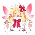  1girl blonde_hair blush capelet closed_eyes dress facing_viewer fairy fairy_wings hat highres ini_(inunabe00) lily_white long_hair long_sleeves open_mouth simple_background smile solo touhou white_background white_capelet white_dress white_headwear wide_sleeves wings 