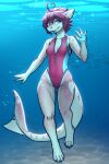 2024 absurd_res anthro breasts bubble clothing ear_piercing eyebrow_through_hair eyebrows eyelashes feet female fish freckles hair hair_heart heart_(marking) hi_res looking_at_viewer marine mykegreywolf one-piece_swimsuit piercing pink_body pink_eyes pink_hair shark short_hair shrimp_(uk_brony) small_breasts solo swimwear tongue tongue_out tongue_piercing translucent translucent_hair underwater water zipper zipper_swimsuit zipper_swimwear