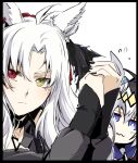  2girls ahoge animal_ears black_border black_collar black_hair black_nails blue_eyes blue_sailor_collar border bright_pupils collar commentary ear_ornament eyebrows_hidden_by_hair flying_sweatdrops folkqueen_(umamusume) grey_hair hair_between_eyes hair_intakes hairband heterochromia hojogricaaaaap horse_ears horse_girl long_sleeves multicolored_hair multiple_girls oguri_cap_(umamusume) own_hands_together red_eyes ringed_eyes sailor_collar umamusume umamusume:_cinderella_gray upper_body wavy_mouth white_background white_hair yellow_eyes yellow_hairband 