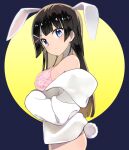  1girl animal_ears bare_shoulders blue_background blue_eyes blush brown_hair closed_mouth cowboy_shot fake_animal_ears fake_tail from_side full_moon hair_ornament hairpin jacket leotard long_hair long_sleeves looking_at_viewer moon nijisanji off_shoulder pink_leotard playboy_bunny rabbit_ears rabbit_tail sidelocks simple_background solo sou_(tuhut) straight_hair tail tsukino_mito virtual_youtuber white_jacket 