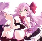  1girl barefoot blood blood_splatter blush bow bowtie chestnut_mouth demon_reaper dual_wielding eyelashes facing_viewer full_body green_eyes hair_between_eyes hairband highres holding holding_weapon kakuwashi knees_up long_hair looking_at_viewer open_mouth pink_hair purple_hair red_bow red_bowtie red_hairband refrain_no_chika_meikyuu_to_majo_no_ryodan sidelocks simple_background sketch soles solo thighs toes very_long_hair wavy_hair weapon white_background 