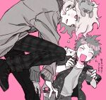  2boys absurdres animal animal_on_head animal_on_shoulder blush cat cat_on_head cat_on_shoulder closed_eyes cup danganronpa_(series) danganronpa_2:_goodbye_despair highres hinata_hajime holding holding_cup komaeda_nagito limited_palette long_sleeves looking_at_viewer male_focus messy_hair multiple_boys on_head open_mouth pants parted_lips r9rpd shirt shoes short_sleeves simple_background spiked_hair sweat 