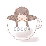  0_0 1girl :d blush brown_hair cup fujishima_megumi highres hot_chocolate in_container in_cup link!_like!_love_live! long_hair looking_at_viewer love_live! mini_person minigirl open_mouth shadow simple_background smile solo soramizuki teacup two_side_up white_background 