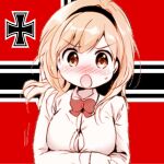  blonde_hair blush bow bowtie breasts djeeta_(granblue_fantasy) embarrassed hairband looking_at_viewer medium_breasts nazi nazi_flag non-web_source open_clothes open_mouth original raised_eyebrows swastika sweat 