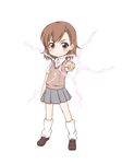  aoi2410 biribiri blush brown_eyes brown_hair electricity loose_socks misaka_mikoto pointing school_uniform short_hair skirt socks solo sweater_vest to_aru_majutsu_no_index 