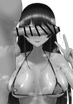  1boy 1girl ? bar_censor bikini bikini_top_aside blush breasts breasts_apart censored change_in_common_sense facing_viewer greyscale hand_up heart hifumu_(hipino) highres huge_breasts huge_penis hypnosis micro_bikini mind_control monochrome nijisanji nipples open_mouth out_of_frame penis penis_awe penis_on_face penis_over_eyes smile solo_focus sweat swimsuit textless_version tsukino_mito upper_body v virtual_youtuber 