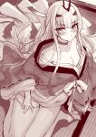  1girl bare_shoulders barefoot breasts choker collarbone fate/grand_order fate_(series) forked_eyebrows greyscale hair_ornament highres japanese_clothes kimono layered_clothes layered_kimono long_hair looking_at_viewer m-da_s-tarou melusine_(dream_portrait)_(fate) melusine_(fate) monochrome navel obi off_shoulder official_alternate_costume panties sash sitting small_breasts solo underwear very_long_hair wariza wide_sleeves 