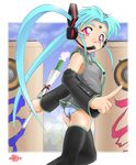  aqua_hair azaka bracken cosplay facial_mark forehead_mark hatsune_miku hatsune_miku_(cosplay) kamidake masaki_sasami_jurai panties pantyshot pink_eyes solo striped striped_panties tenchi_muyou! thighhighs twintails underwear vocaloid wand 