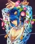  1boy aokamei arms_up black_background blue_eyes blue_hair blunt_bangs bruno_bucciarati closed_mouth fingernails highres jacket jojo_no_kimyou_na_bouken lips long_sleeves male_focus pectoral_cleavage pectorals resized short_hair upscaled white_jacket zipper_pull_tab 
