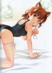  1girl absurdres all_fours animal_ears ass bare_arms bare_shoulders bed_sheet black_one-piece_swimsuit blush breasts brown_eyes brown_hair cat_ears cat_tail collar crease extra_ears feet_out_of_frame flower hair_flower hair_ornament highres kemonomimi_mode leg_ribbon looking_at_viewer looking_back medium_hair misaka_mikoto non-web_source one-piece_swimsuit open_mouth paw_pose raika9 red_collar ribbon scan school_swimsuit short_hair skindentation small_breasts solo swimsuit tail thigh_ribbon thigh_strap toaru_kagaku_no_railgun toaru_majutsu_no_index white_flower 