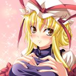  :t blonde_hair blush bow breast_squeeze breasts chozuru dress hair_ribbon hat large_breasts pout ribbon solo sparkle touhou yakumo_yukari yellow_eyes 