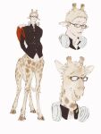  1boy animal_ears black_jacket blonde_hair brown_eyes centauroid chengongzi123 closed_mouth collared_jacket commentary full_body furrification furry furry_male gakuran giraffe_boy giraffe_ears giraffe_horns giraffe_tail glasses haikyuu!! hands_in_pockets headphones headphones_around_neck highres hooves horns jacket long_sleeves looking_at_viewer male_focus monster_boy monsterification multiple_views open_mouth red_bag school_uniform short_hair simple_background standing symbol-only_commentary tail taur tsukishima_kei very_short_hair white_background 