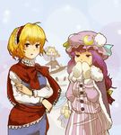  alice_margatroid blonde_hair blue_eyes bow buttons crescent doll hair_bow hairband hat long_hair ma-hain-scarlet mittens multiple_girls patchouli_knowledge purple_eyes purple_hair red_eyes scarf shanghai_doll short_hair snowman touhou witch_hat 