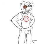 aaron_(chadzadd) anthro balls canid canine chadzadd clothing collar ear_piercing foreskin genitals hands_on_hips hi_res humanoid_genitalia male mammal metalhead naughty_face nude occult_symbol penis pentagram pentagram_shirt piercing proud satanic shirt simple_background sketch smug solo spiked_collar spikes symbol tank_top topwear