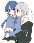  2girls black_jacket black_shorts blue_eyes blue_hair blue_shirt blush breasts colored_inner_hair commentary dark_blue_hair diagonal_bangs flat_color grey_hair hair_ribbon hands_on_lap highres hug hug_from_behind jacket jacket_partially_removed kanduki_kamibukuro link!_like!_love_live! long_hair long_shirt long_sleeves looking_at_another love_live! low_twintails multicolored_hair multiple_girls murano_sayaka parted_lips red_eyes red_hair ribbon shirt short_hair shorts simple_background sitting sitting_on_lap sitting_on_person sketch sleeveless sleeveless_shirt small_breasts smile streaked_hair swept_bangs translated twintails two-tone_hair upper_body white_background white_shirt yugiri_tsuzuri yuri 