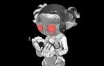  1girl black_background bodysuit colored_skin commentary_request fish_skeleton grey_skin highres jelleton mask parallel_canon red_eyes short_twintails simple_background sleeveless sleeveless_bodysuit splatoon_(series) splatoon_3 splatoon_3:_side_order standing swarming_languendo tears twintails white_bodysuit zibaku_18 