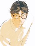  1boy akaashi_keiji black_hair blue_eyes chengongzi123 collared_shirt glasses haikyuu!! highres long_sleeves looking_at_viewer male_focus parted_lips shirt short_hair simple_background upper_body very_short_hair white_background 