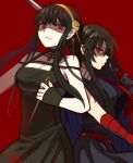  2girls akame_(akame_ga_kill!) akame_ga_kill! artist_name bare_shoulders black_dress black_hair breasts chocojax cleavage dagger dress flower hair_between_eyes hair_flower hair_ornament highres holding holding_knife holding_sword holding_weapon knife long_hair looking_at_viewer multiple_girls nail_polish red_background red_eyes red_nails short_hair_with_long_locks simple_background spy_x_family stiletto_(weapon) sword two-sided_dress two-sided_fabric upper_body vambraces weapon yor_briar 