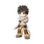 1boy animal_print black_cape black_hair brown_pants cape chain chibi dagger full_body fur_collar green_eyes grey_footwear grin holding holding_dagger holding_knife holding_weapon jacket knife leopard_print looking_at_viewer male_focus medium_bangs official_art pants ragnarok_online reaching reaching_towards_viewer shadow_chaser_(ragnarok_online) sheath shoes short_hair simple_background smile smiley_face solo standing tachi-e transparent_background waist_cape weapon yuichirou 