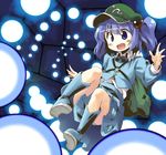  &gt;:) :d backpack bag blue_eyes blue_hair blush boots danmaku hair_bobbles hair_ornament kawashiro_nitori key no_nose open_mouth outstretched_arms outstretched_hand short_hair smile solo spread_arms touhou twintails two_side_up v-shaped_eyebrows yudepii 