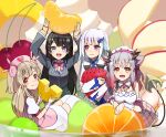  4girls :d black_hair black_jacket blazer blue_eyes blue_hair bow bowtie closed_mouth demon_tail detached_collar food fruit full_body gradient_hair grey_hair hair_bow hair_ornament hairpin holding holding_food holding_fruit hugging_object jacket light_brown_hair lize_helesta lize_helesta_(1st_costume) long_hair looking_at_another looking_at_viewer maid_headdress multicolored_hair multiple_girls natori_sana nijisanji open_mouth orange_(fruit) orange_slice pineapple pineapple_slice pink_bow pink_bowtie pink_eyes pink_skirt plaid plaid_skirt red_hair sana_channel school_uniform shirt sidelocks sideways_glance skirt smile sou_(tuhut) straight_hair strawberry streaked_hair suou_patra tail teeth tsukino_mito tsukino_mito_(1st_costume) two_side_up upper_teeth_only virtual_youtuber white_hair white_shirt wispy_bangs 