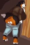 absurd_res anthro bernese_mountain_dog beth_(mcdoogiy) big_breasts big_butt blush breasts butt canid canine canis caught domestic_dog female hi_res mammal molosser mountain_dog presenting presenting_hindquarters simple_background solo swiss_mountain_dog tail thick_thighs yuckydizzy