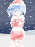  1girl blue_eyes blue_hair collarbone commentary_request crossed_arms frozen hair_bobbles hair_ornament hat kawashiro_nitori mizusoba outdoors red_headwear red_skirt santa_costume santa_hat skirt snowing solo touhou two_side_up 