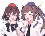  +++ 2girls :d ^_^ black_bow black_bowtie black_necktie bow bowtie brown_hair closed_eyes collared_shirt commentary_request frilled_shirt_collar frills hand_up hat highres himekaidou_hatate laughing long_hair multiple_girls necktie open_mouth pointy_ears puffy_short_sleeves puffy_sleeves purple_headwear red_headwear sakic43899 shameimaru_aya shirt short_sleeves simple_background smile tokin_hat touhou twintails upper_body white_background white_shirt wristband 