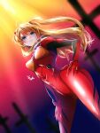  1girl blue_eyes blush bodysuit breasts brown_hair hair_between_eyes highres interface_headset lipstick long_hair looking_at_viewer makeup medium_breasts neon_genesis_evangelion pilot_suit plugsuit red_bodysuit smile so-yo-ka solo souryuu_asuka_langley two_side_up 