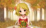  aki_shizuha alternate_costume autumn blonde_hair bouquet clover dress earrings flower forest four-leaf_clover hair_ornament jewelry leaf leaf_hair_ornament looking_at_viewer maple_leaf nature short_hair sitting smile solo table tona_(nekotte) touhou tree wallpaper yellow_eyes 