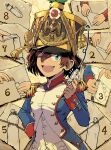  1girl absurdres aiguillette ammunition arrow_(symbol) black_headwear blue_coat blue_eyes breasts brown_hair bullet buttons coat cockade commentary_request double-breasted english_text epaulettes fang france french_army french_clothes gold_trim gunpowder hair_between_eyes hand_on_own_hip hat highres holding how_to line_infantry long_sleeves looking_at_viewer military military_hat military_uniform numbered one_eye_closed open_mouth original pants pocket red_trim shako_cap short_hair sidelocks skin_fang smile soldier solo standing uniform upper_body zeinikunosekai 