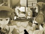  3girls bad_id bad_pixiv_id cat cornelia_(umineko) diana_(umineko) dlanor_a_knox drill_hair gertrude kotatsu maroyan monochrome multiple_girls table umineko_no_naku_koro_ni willard_h_wright 