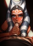  1boy 1girl ahsoka_tano alien black_shirt blue_eyes cherry-gig colored_skin fellatio handjob hands_up looking_at_viewer male_pubic_hair oral orange_skin penis pubic_hair red_lips shirt star_wars star_wars:_the_clone_wars tentacle_hair togruta 