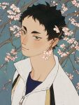  1boy akaashi_keiji black_hair blue_background blue_eyes blue_shirt chengongzi123 cherry_blossoms closed_mouth collared_jacket english_commentary haikyuu!! high_collar highres jacket looking_at_viewer male_focus shirt short_hair simple_background smile upper_body very_short_hair 