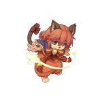  1girl animal_ears barefoot blush bow bowtie capelet cat_ears cat_girl cat_tail chibi dress fang flat_chest full_body furry furry_female green_eyes hair_between_eyes leaning_forward long_bangs looking_at_viewer magic official_art open_mouth orange_dress orange_hair purple_capelet ragnarok_online red_bow red_bowtie short_hair simple_background smile solo standing summoner_(ragnarok_online) tachi-e tail tail_bow tail_ornament transparent_background vambraces whiskers yuichirou 