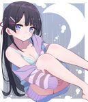  1girl :/ black_hair blue_bra blue_eyes blush border bra breasts cleavage closed_mouth collarbone crescent_moon dot_nose feet_out_of_frame hair_ornament hairpin hands_under_legs jacket knees_together_feet_apart large_breasts long_bangs long_hair looking_at_viewer moon nijisanji no_pants off_shoulder outside_border pink_jacket sidelocks sleeve_cuffs sleeves_past_wrists solo sou_(tuhut) straight_hair tsukino_mito underwear virtual_youtuber white_border 
