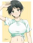  1girl alternate_costume black_hair blush breasts gakky grey_eyes highres kantai_collection large_breasts mogami_(kancolle) short_hair smile solo upper_body yellow_background 