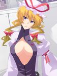  alternate_costume alternate_hairstyle bad_id bad_pixiv_id blonde_hair bow breasts cleavage cleavage_cutout eyebrows eyes gap gradient_hair hair_bow hat highres jont large_breasts mob_cap multicolored_hair open_clothes purple_eyes ribbon solo touhou twintails when_you_see_it yakumo_yukari 