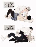  2boys akaashi_keiji animal_print arms_up bird_print black_hair black_pants black_socks bokuto_koutarou brown_sweater chengongzi123 denim full_body glasses grin haikyuu!! hands_on_another&#039;s_face highres jeans jewelry looking_at_another lying male_focus multiple_boys necklace on_back owl_print pants pillow reference_inset short_hair simple_background smile socks striped_clothes striped_socks sweater thick_eyebrows unworn_eyewear very_short_hair white_background white_socks yaoi yellow_eyes 