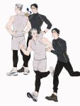  2boys akaashi_keiji black_eyes black_footwear black_hair black_jacket black_pants bokuto_koutarou bottle chengongzi123 closed_mouth commentary drink full_body grey_hair grey_hoodie grey_shorts haikyuu!! hand_on_own_hip hands_on_own_hips hands_up highres holding holding_drink hood hood_down hoodie jacket looking_at_another male_focus multicolored_hair multiple_boys multiple_views open_mouth pants parted_lips running shoes short_hair shorts simple_background sleeveless sleeveless_hoodie sneakers sportswear standing streaked_hair sweat symbol-only_commentary thick_eyebrows very_short_hair watch water_bottle white_background white_footwear wristwatch yellow_eyes 