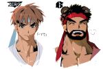  1boy :d ^_^ age_comparison animal_ears athanjccgg bara bear_ears beard black_hair bright_pupils brown_hair closed_eyes connected_beard cropped_shoulders dark-skinned_male dark_skin dougi facial_hair forked_eyebrows full_beard happy headband huge_eyebrows kemonomimi_mode light_blush looking_at_another male_focus pectoral_cleavage pectorals ryu_(street_fighter) smile street_fighter 