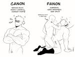  2boys anal ass ball_gag bara blush canon_vs_fanon_(meme) completely_nude crossed_arms doggystyle doodlefish english_text faceless faceless_male facial_hair gag gagged grabbing_another&#039;s_hair highres large_pectorals male_focus meme monochrome multiple_boys muscular muscular_male nude original pectorals sex sex_from_behind short_hair smile socks yaoi 