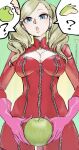  1girl ? absurdres apple apple_slice blonde_hair blue_eyes bodysuit breasts catsuit cleavage drill_hair eating food fruit full-length_zipper gloves green_apple highres holding holding_food holding_fruit looking_at_viewer persona persona_5 pink_gloves poechan_chan red_bodysuit sexually_suggestive speech_bubble takamaki_anne twin_drills twintails yonic_symbol zipper 