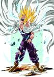  1boy aura blonde_hair blue_sash blue_wristband brown_footwear cape closed_mouth crackling_energy debris dougi dragon_ball dragon_ball_z electricity facing_viewer fighting_stance floating_cape full_body green_eyes highres looking_at_viewer male_focus muscular muscular_male official_style oharu2000 pants purple_pants purple_shirt sash serious shawl shirt sleeveless solo son_gohan spiked_hair standing super_saiyan super_saiyan_2 toriyama_akira_(style) torn_clothes v-shaped_eyebrows wristband 
