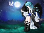  animal bird blue_hair gothic long_hair moon night wings 