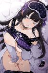  1girl bare_shoulders black_hair black_mask blush bra bra_pull breasts clothes_pull commission crotch_rub eye_mask female_masturbation fingering grabbing_own_breast grey_eyes hair_ornament large_breasts long_hair looking_at_viewer masturbation nijisanji nonoyama one_breast_out open_mouth panties panty_pull pussy_juice skeb_commission solo tsukino_mito tsukino_mito_(18th_costume) underwear virtual_youtuber 